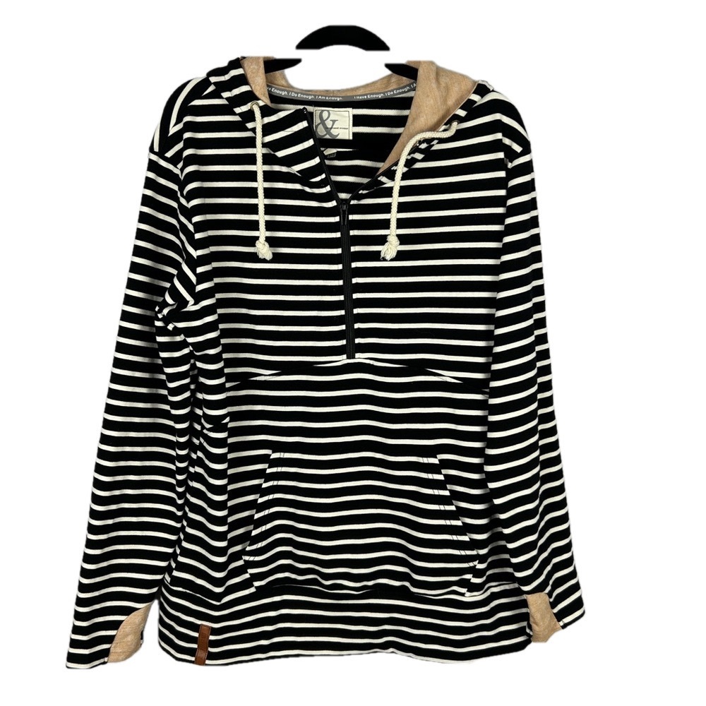 AMPERSAND AVE Black and White Striped Hoodie with Tan Trim
